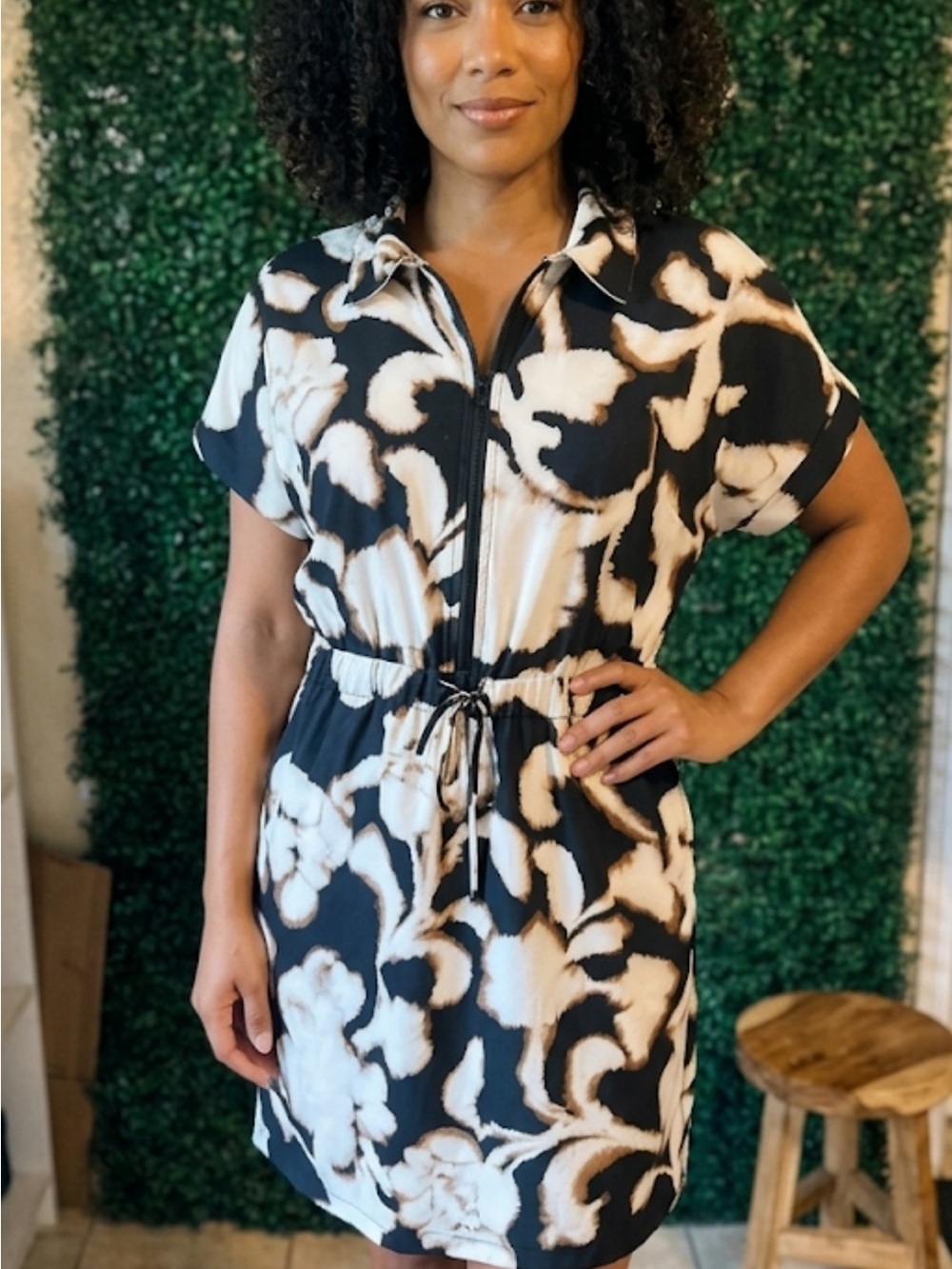 Talbots Black and White Floral Zip-Front Mini Dress #324